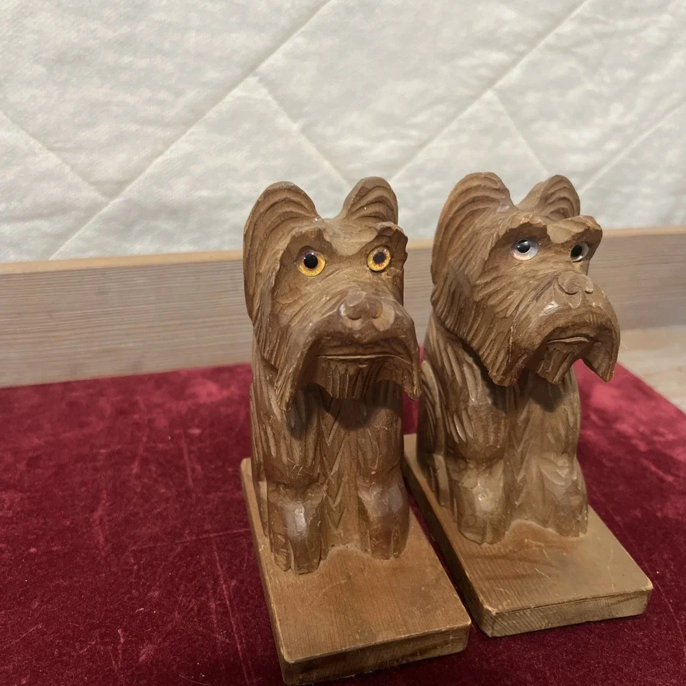 Vtg Terrier Dog Carved‎ Wood Bookends Made in Japan